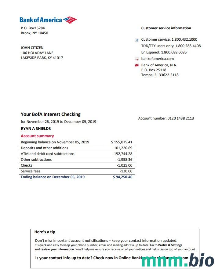 USA Bank of America wyciąg bankowy łatwy do wypełnienia szablon .xls i .format pliku pdf